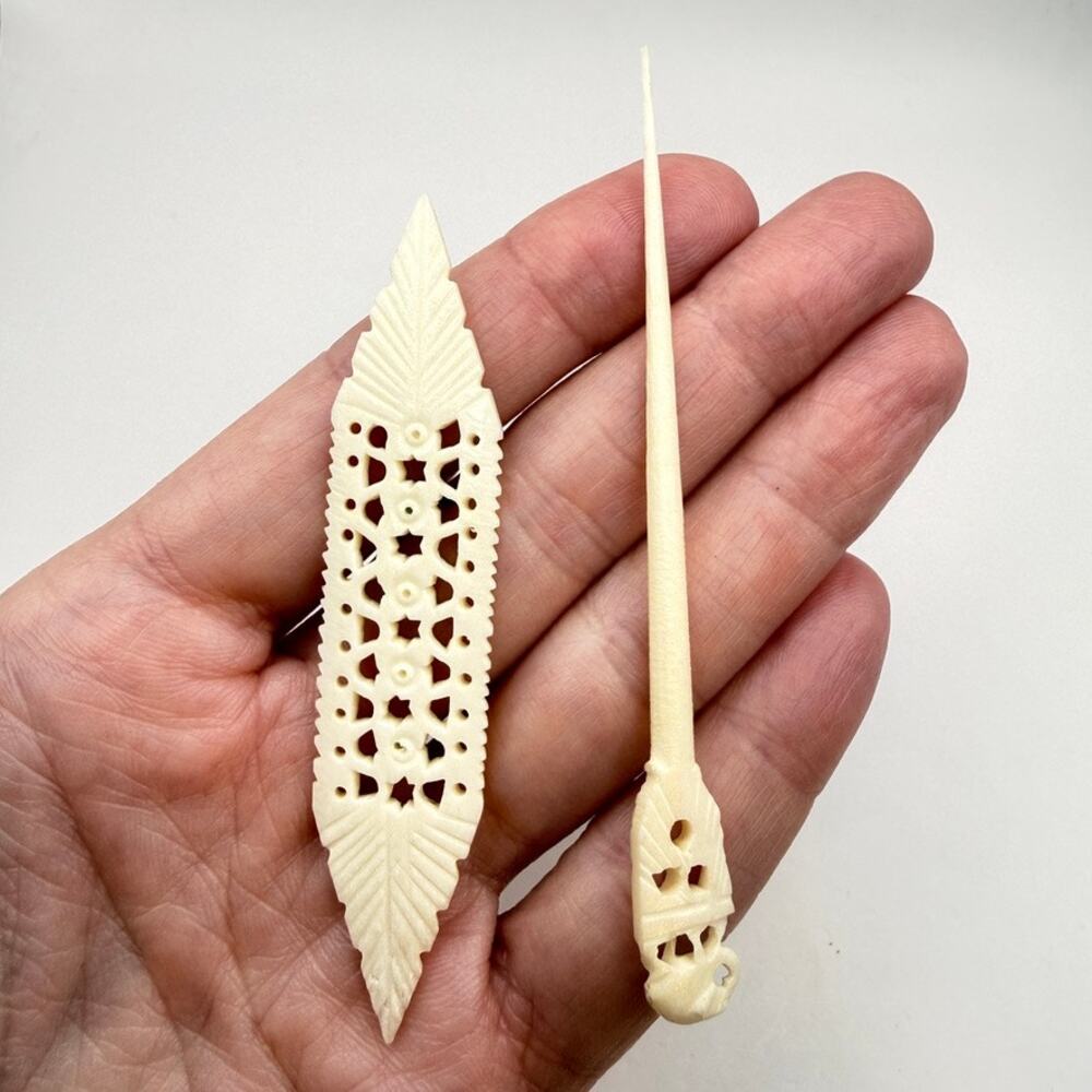 Vintage Carved Bone elephant Hair Stick Barrette Set Openwork Leaf Hair Slide